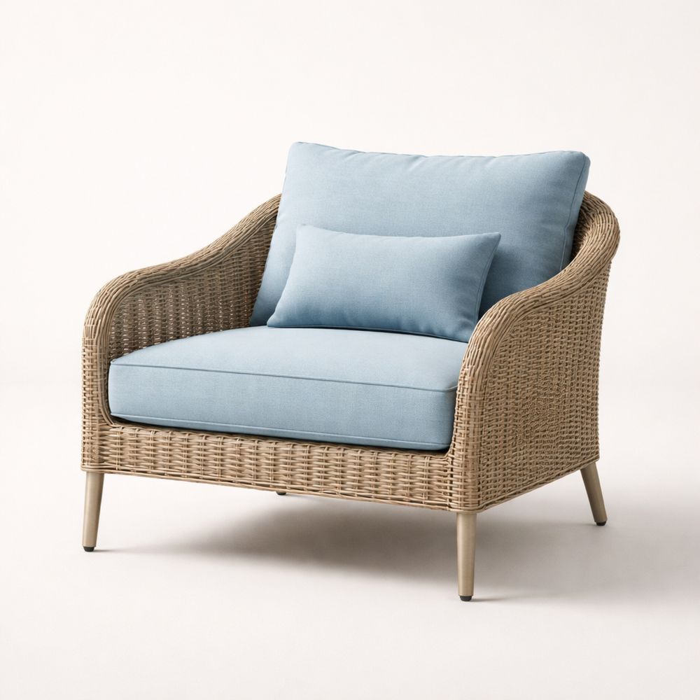 Rattan Armchair with Light Blue Cushions and Woven Frame