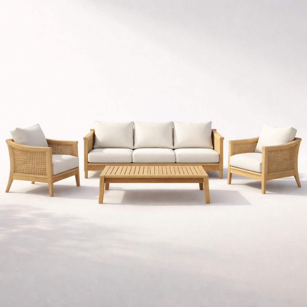 Outdoor Sofa Set with Natural Wood Frame and White Cushions