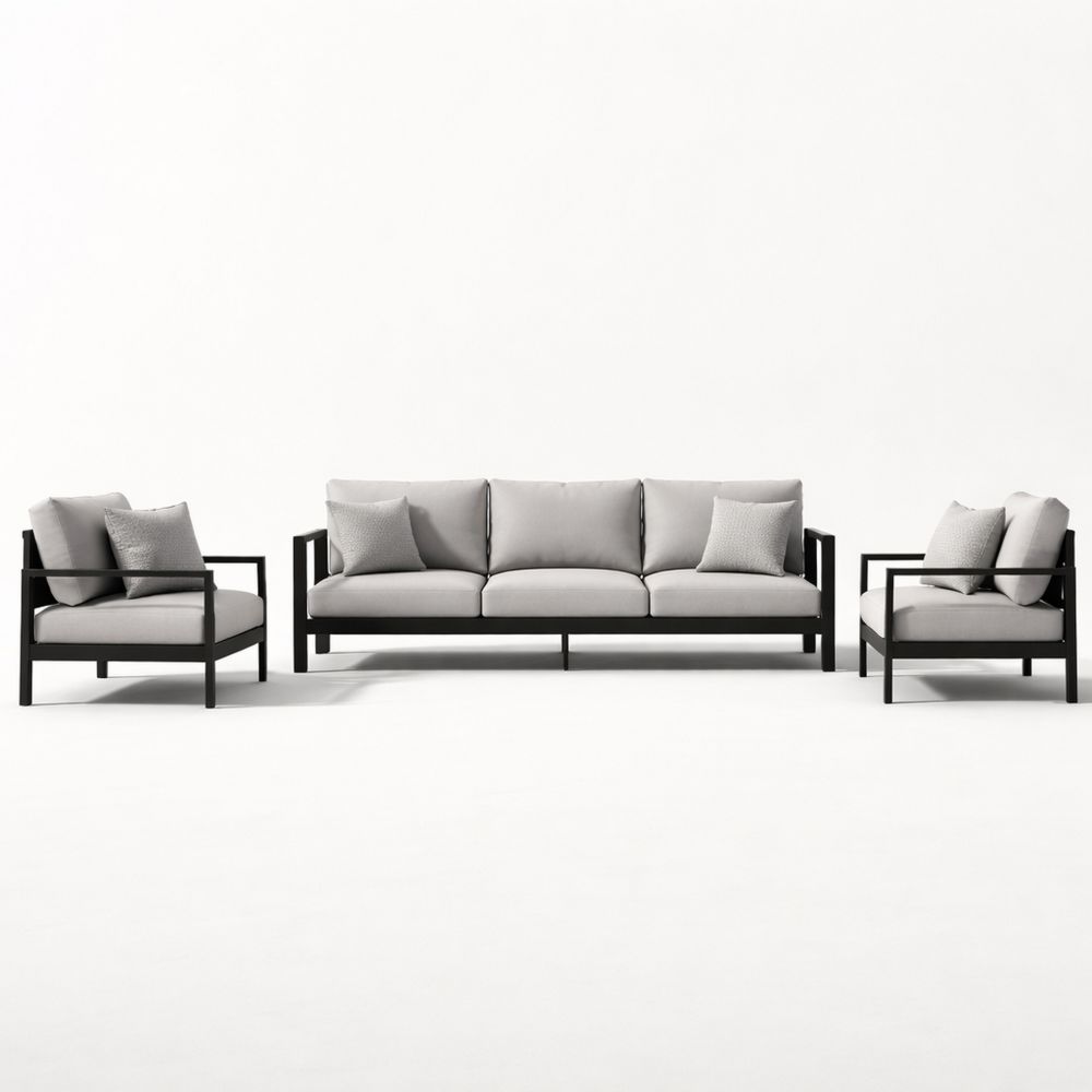 Light Gray and Black Outdoor Metal Sofa Set with Polyester Cushions