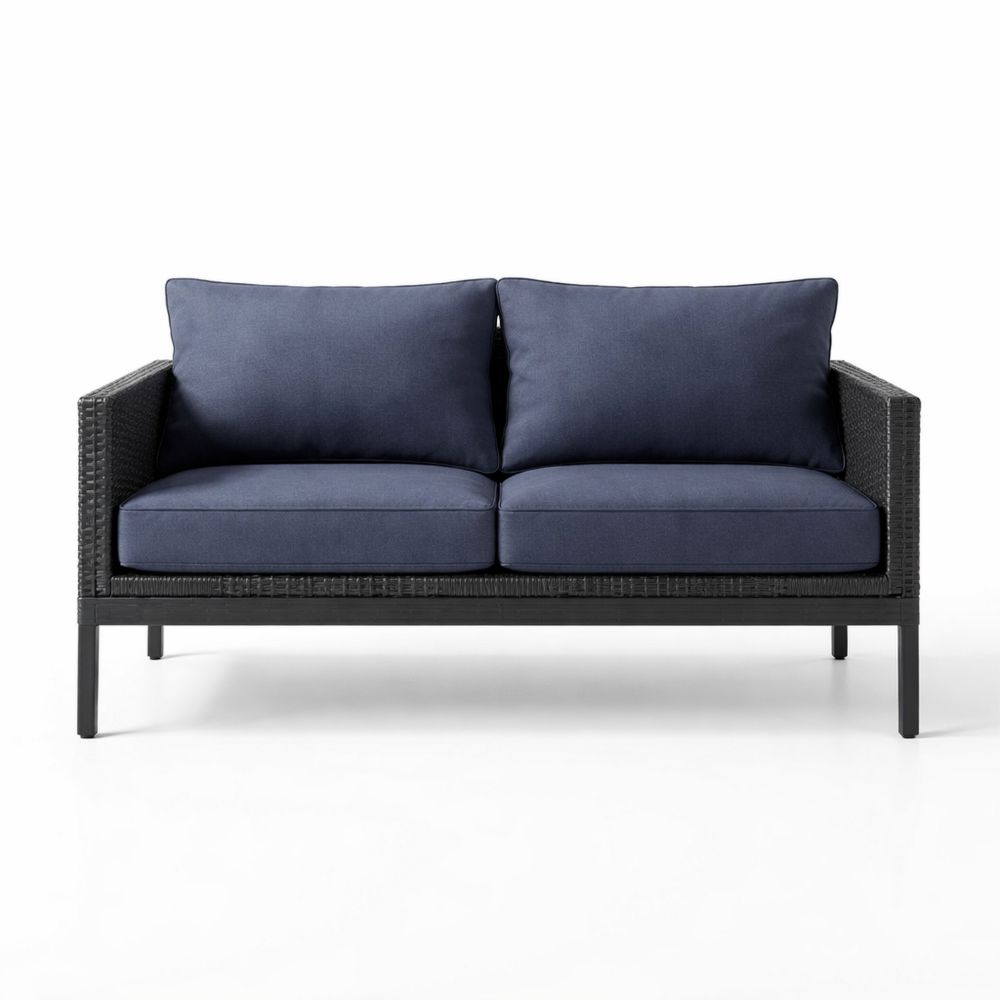 Outdoor Loveseat Sofa with Navy Blue Cushions and Black Aluminum Frame