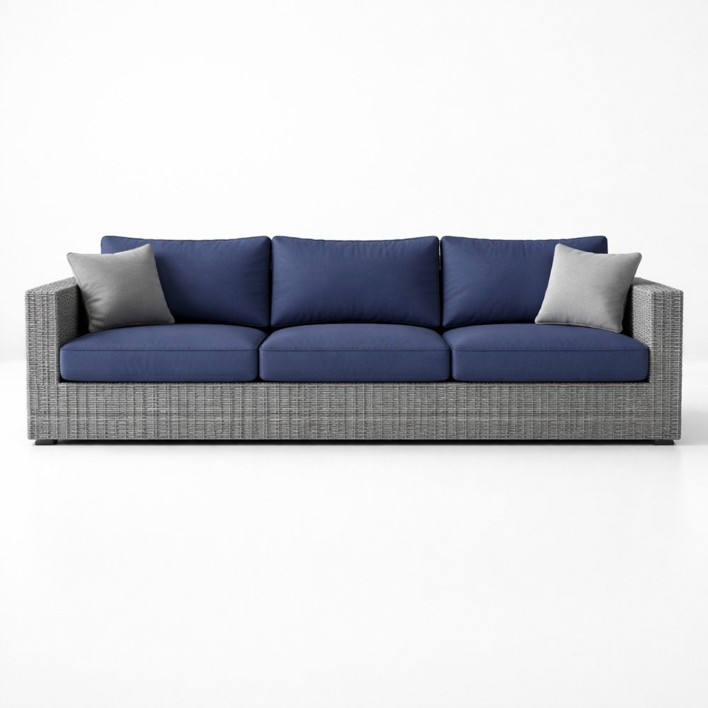 Outdoor Wicker Sofa with Blue Cushions