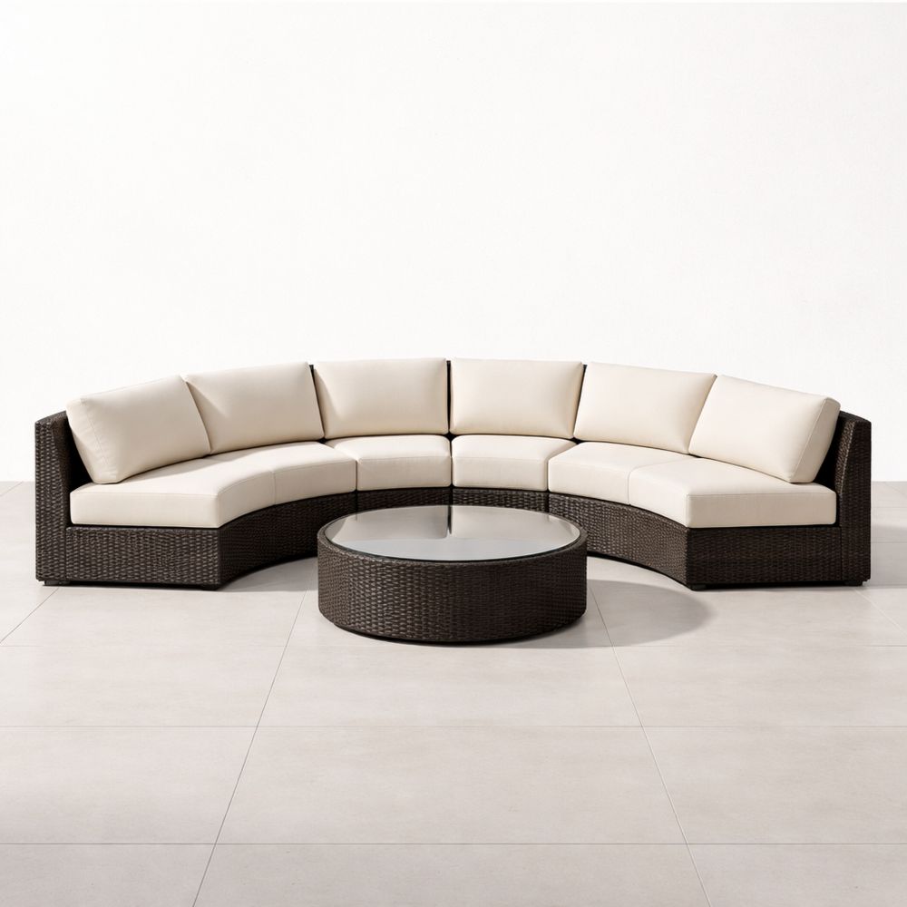 Outdoor Wicker Sectional Sofa Set with Beige Cushions and Circular Table