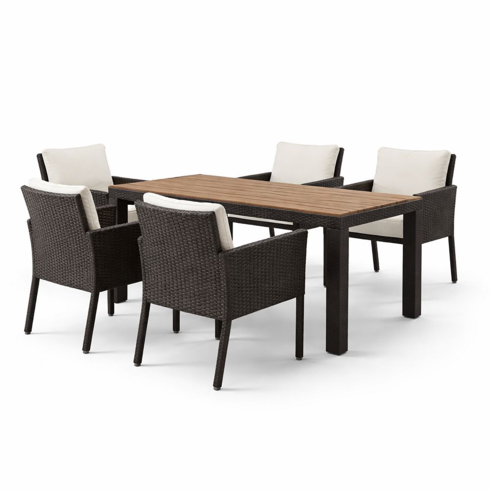 Outdoor Dining Set Wicker Wood Table and Chairs with Cushions Dark Brown Beige