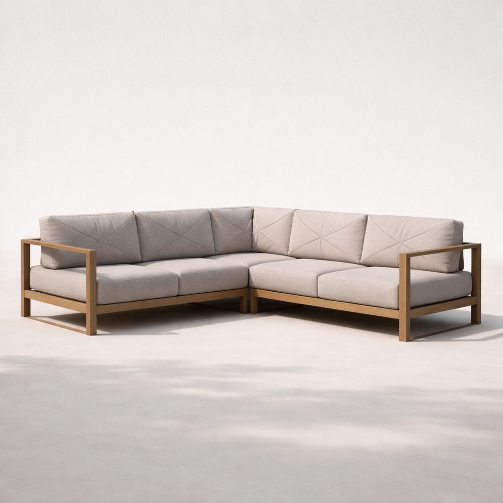 L-Shaped Outdoor Sectional Sofa Beige Polyester Cushions with Wood Frame