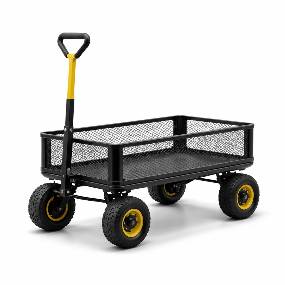 Metal Utility Wagon with Pneumatic Tires Black Steel Frame 36 x 20 Inches