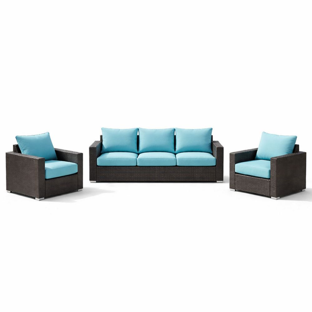 Wicker Rattan Outdoor Sofa Set with Blue Cushions