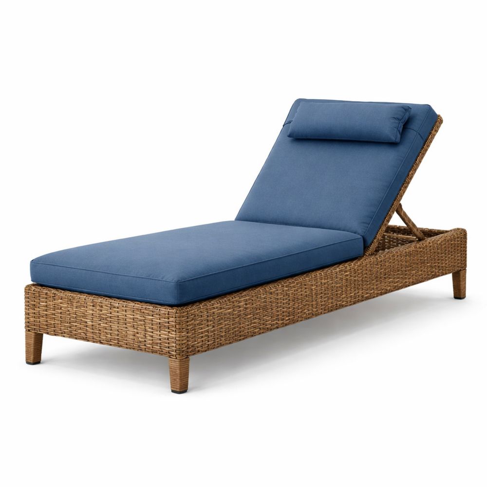 Outdoor Wicker Chaise Lounge with Blue Polyester Cushions