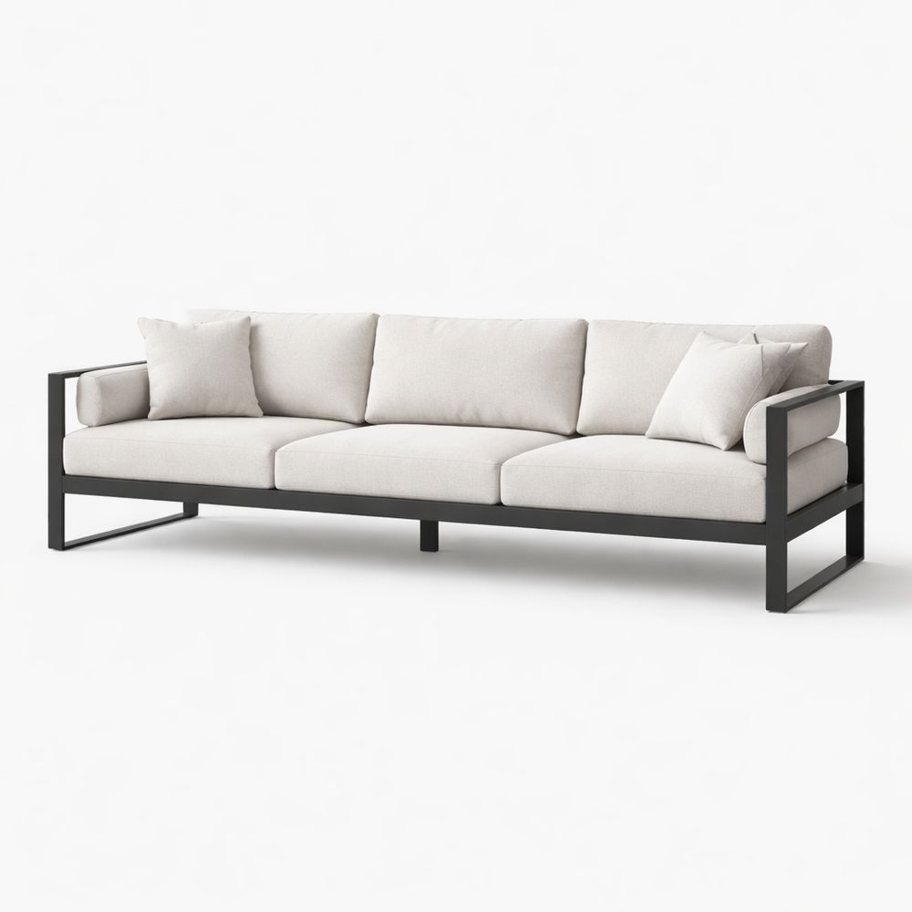 Outdoor Sofa Metal Frame Beige Fabric Cushions 220cm