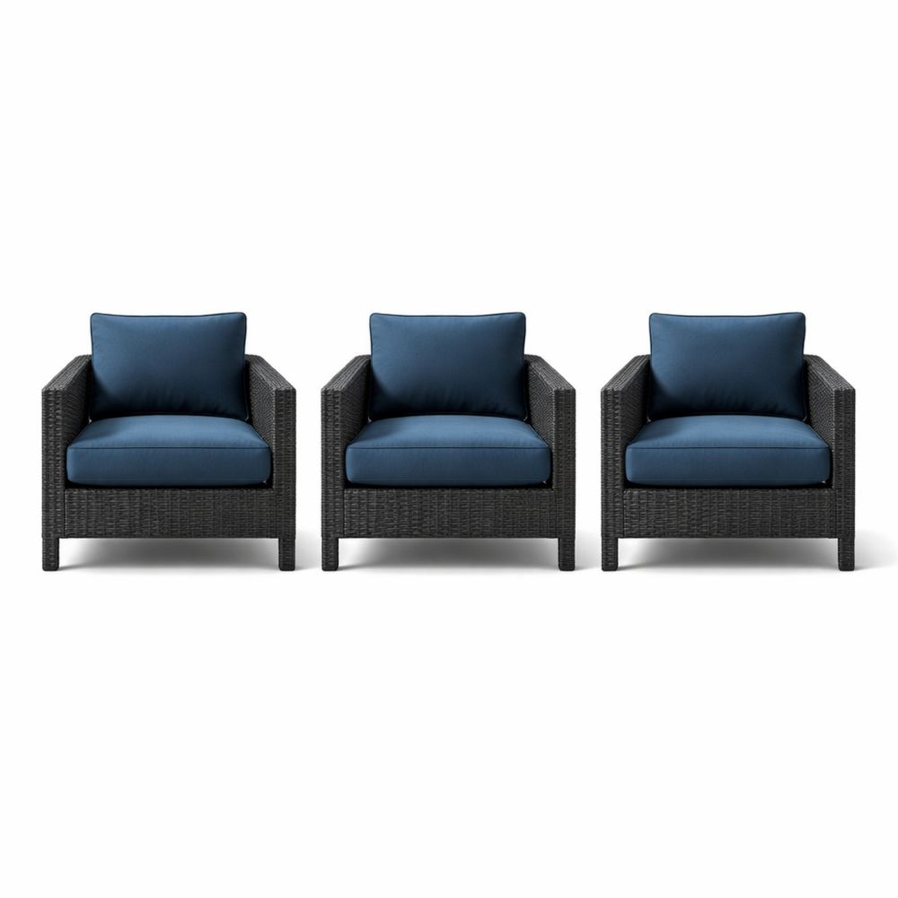 Outdoor Wicker Armchair Set with Blue Cushions