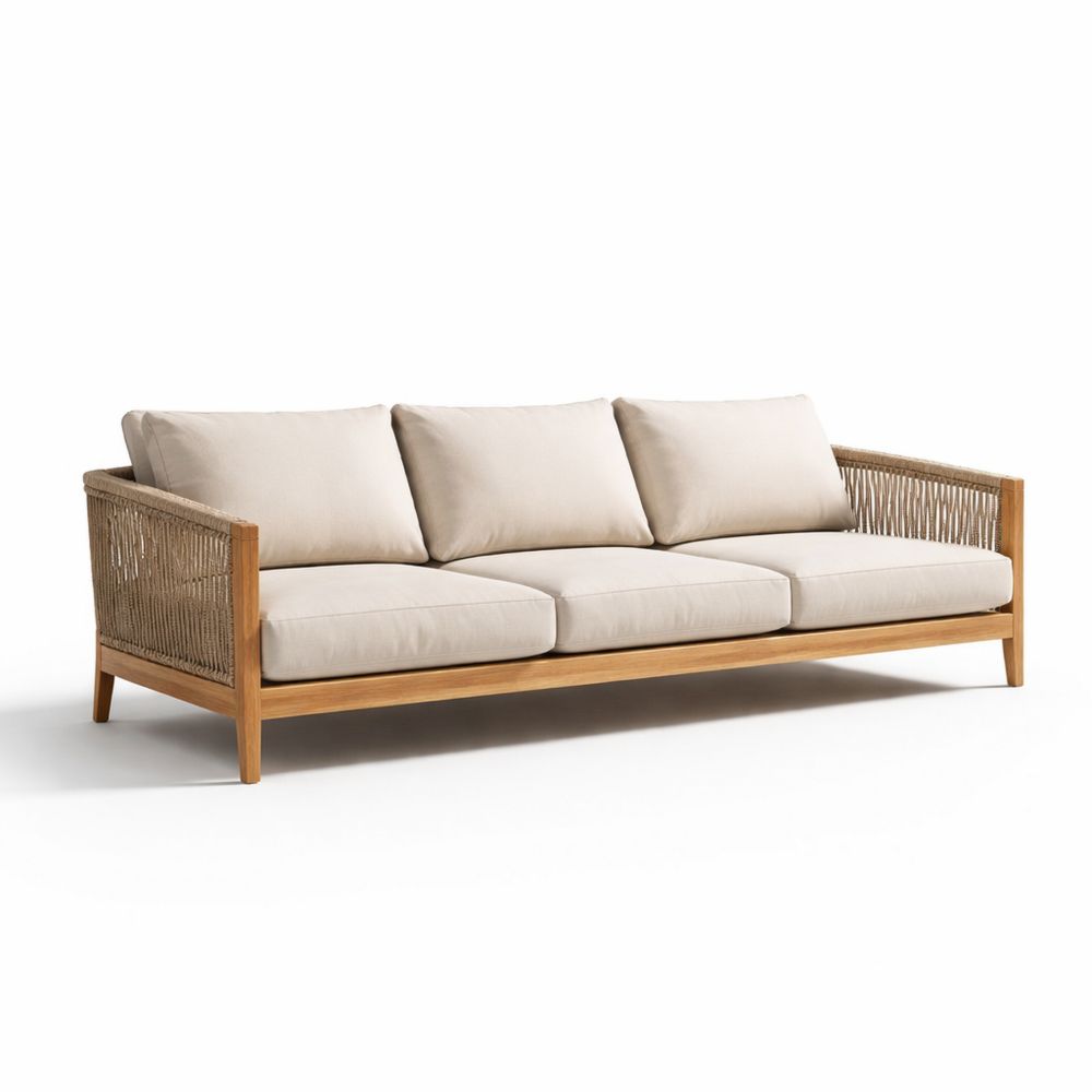 3-Seater Beige Outdoor Sofa with Teak and Rope Design