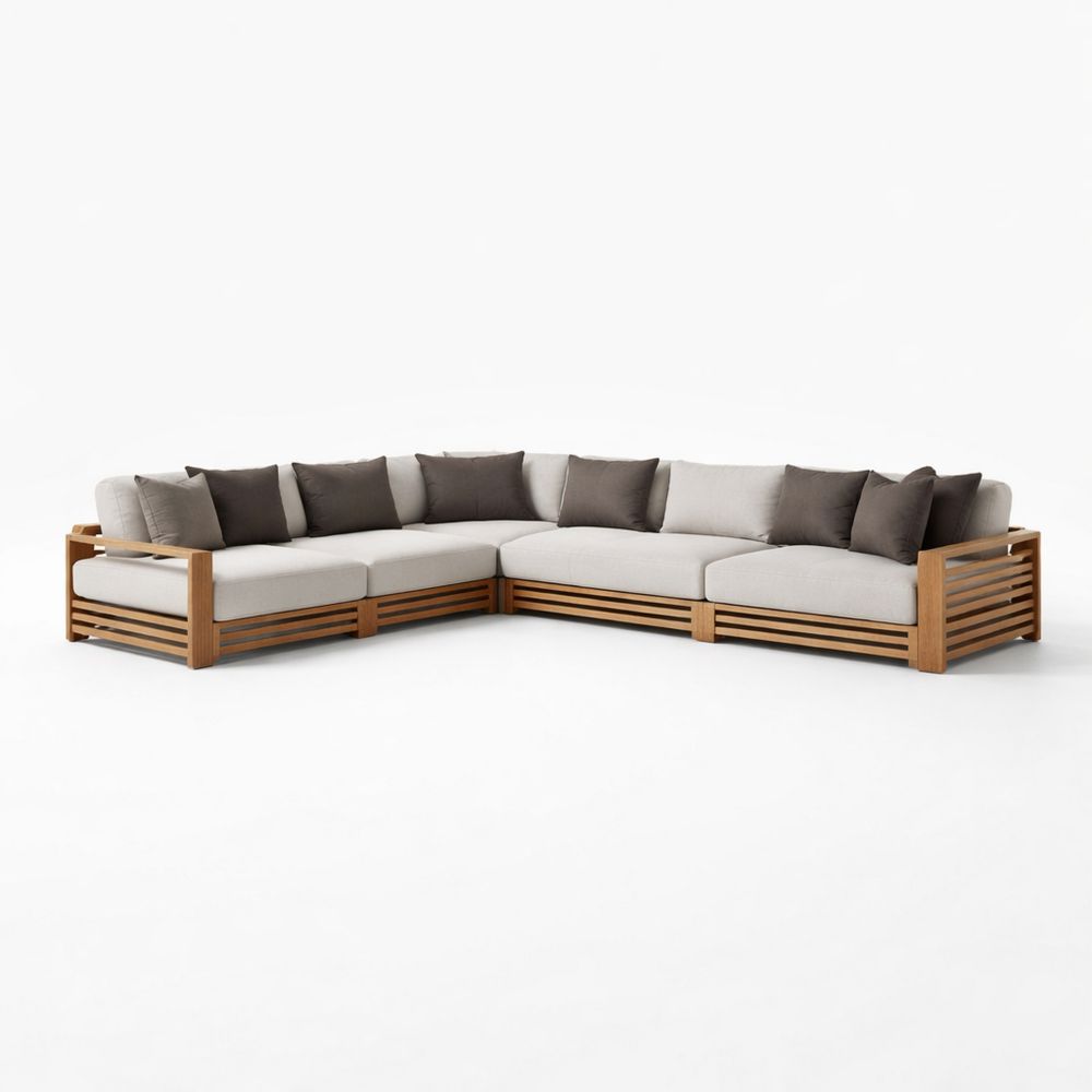 Outdoor Teak L-Shaped Sectional Sofa Set with Beige and Dark Brown Cushions