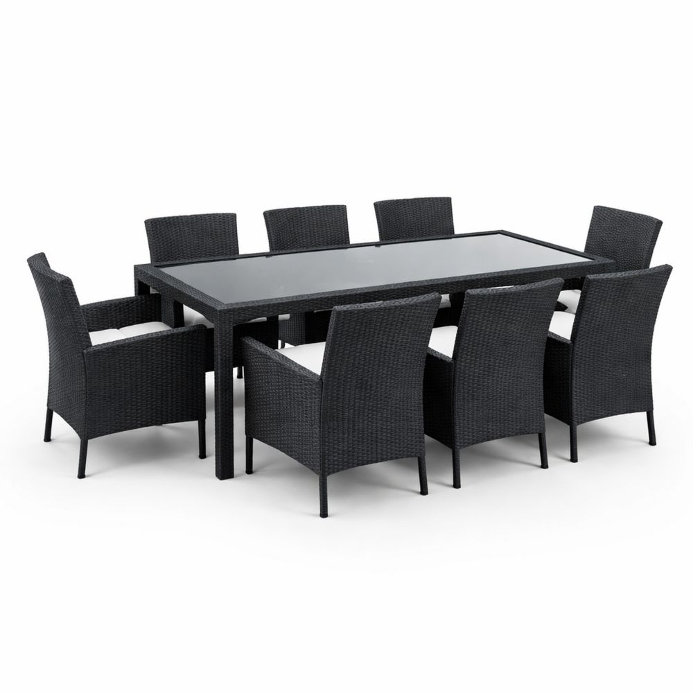 9-Piece Black Rattan Outdoor Dining Set with Glass Tabletop