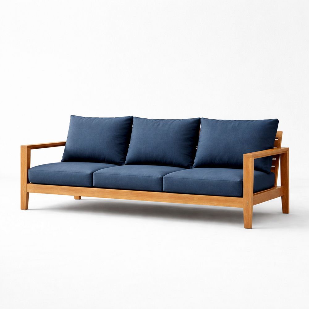 Outdoor Teak Wood and Blue Polyester Sofa 3-Seater