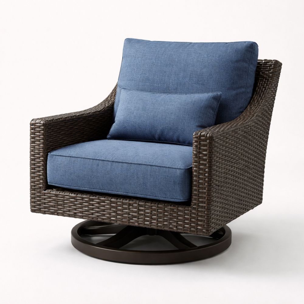Synthetic Wicker Swivel Chair with Blue Polyester Cushions