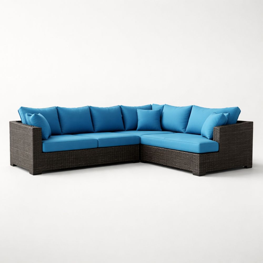Wicker Outdoor Sectional Sofa Set with Blue Cushions