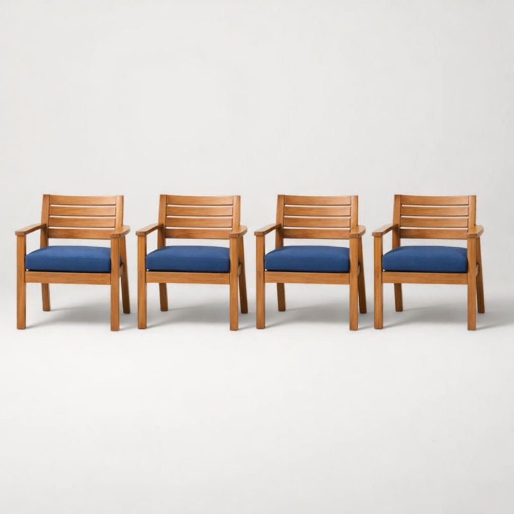 Set of 4 Wooden Armchairs with Blue Fabric Cushions