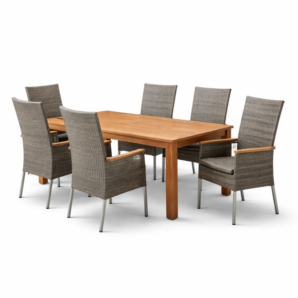 Teak and Wicker Outdoor Dining Set with Six Chairs