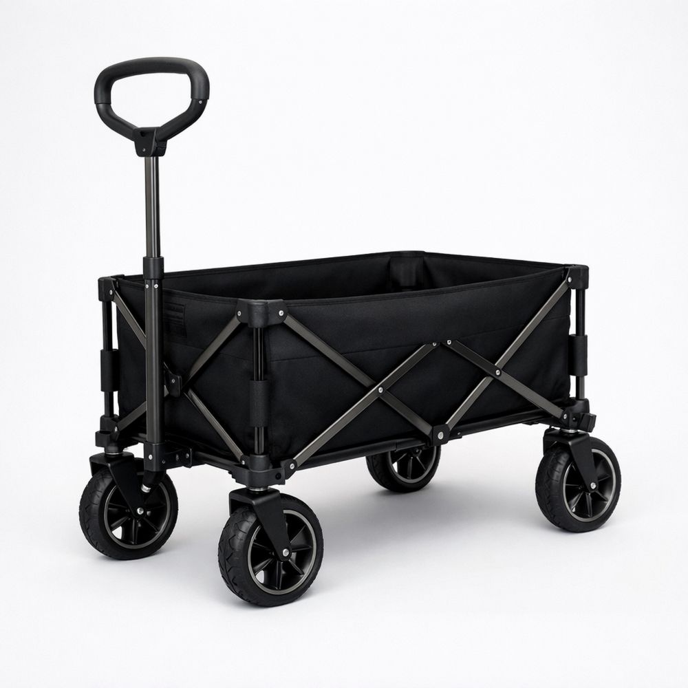 Folding Utility Wagon Cart Black Polyester Steel Frame with Telescopic Handle