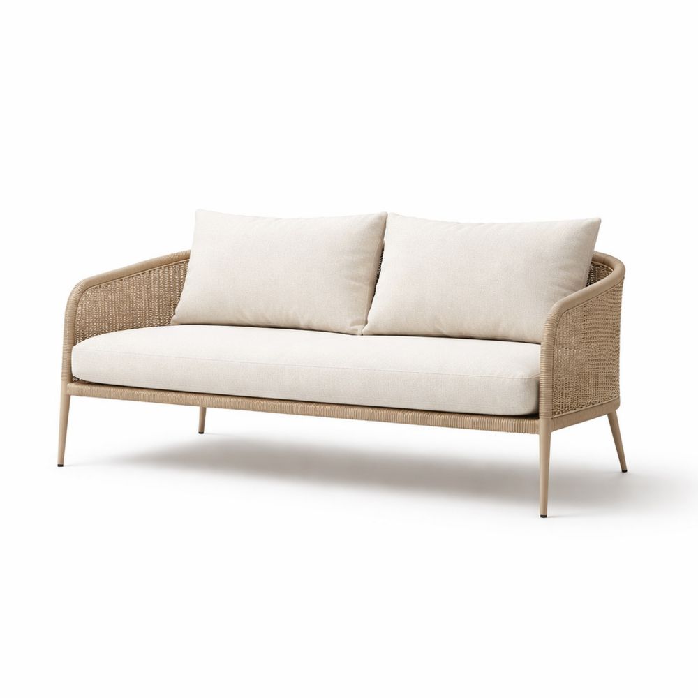 Beige Woven Rattan Outdoor Sofa with Cushions