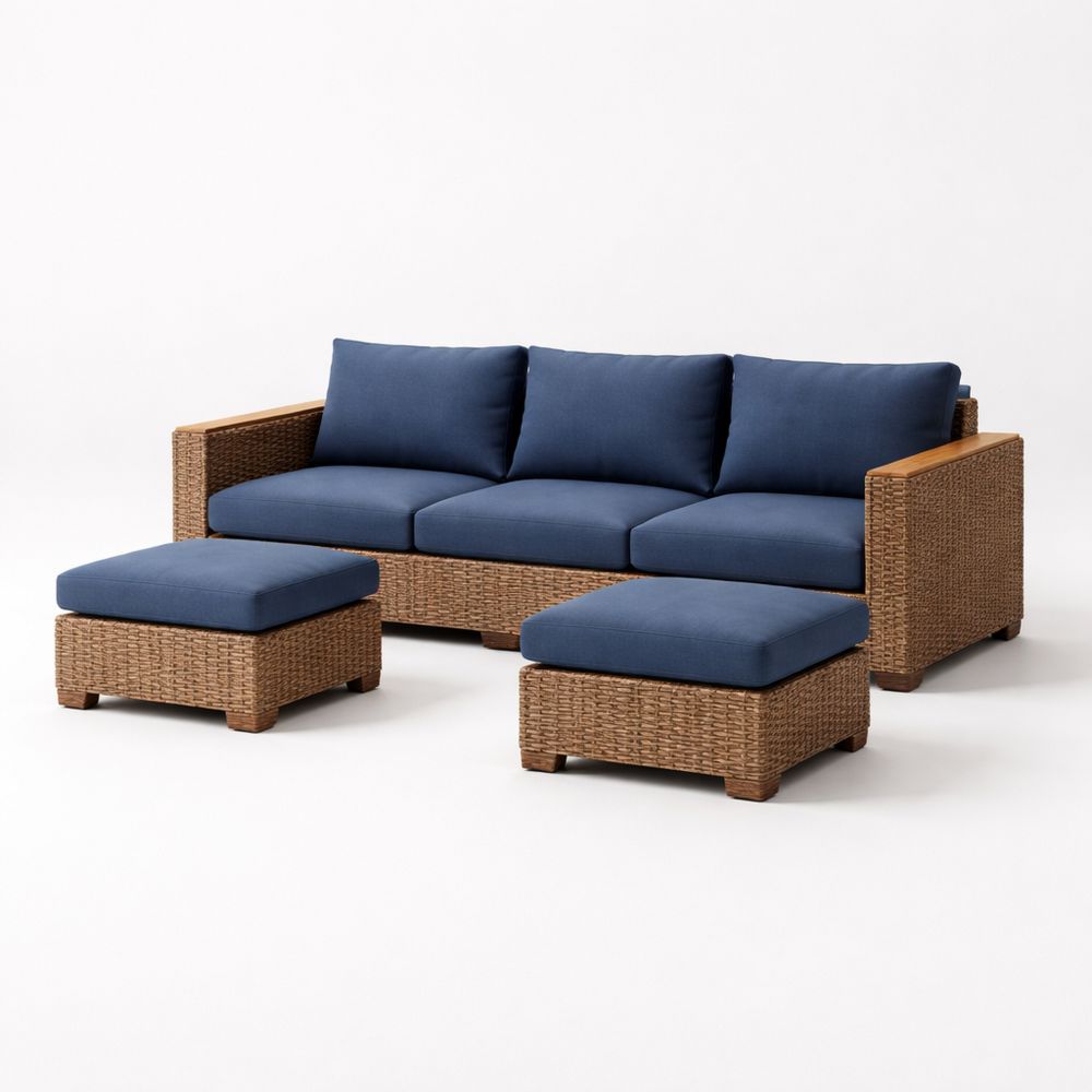 Wicker Patio Sofa Set with Blue Cushions