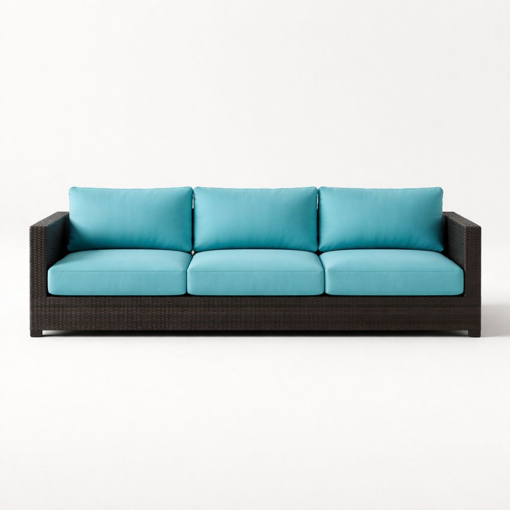 Wicker 3-Seater Sofa with Blue Cushions