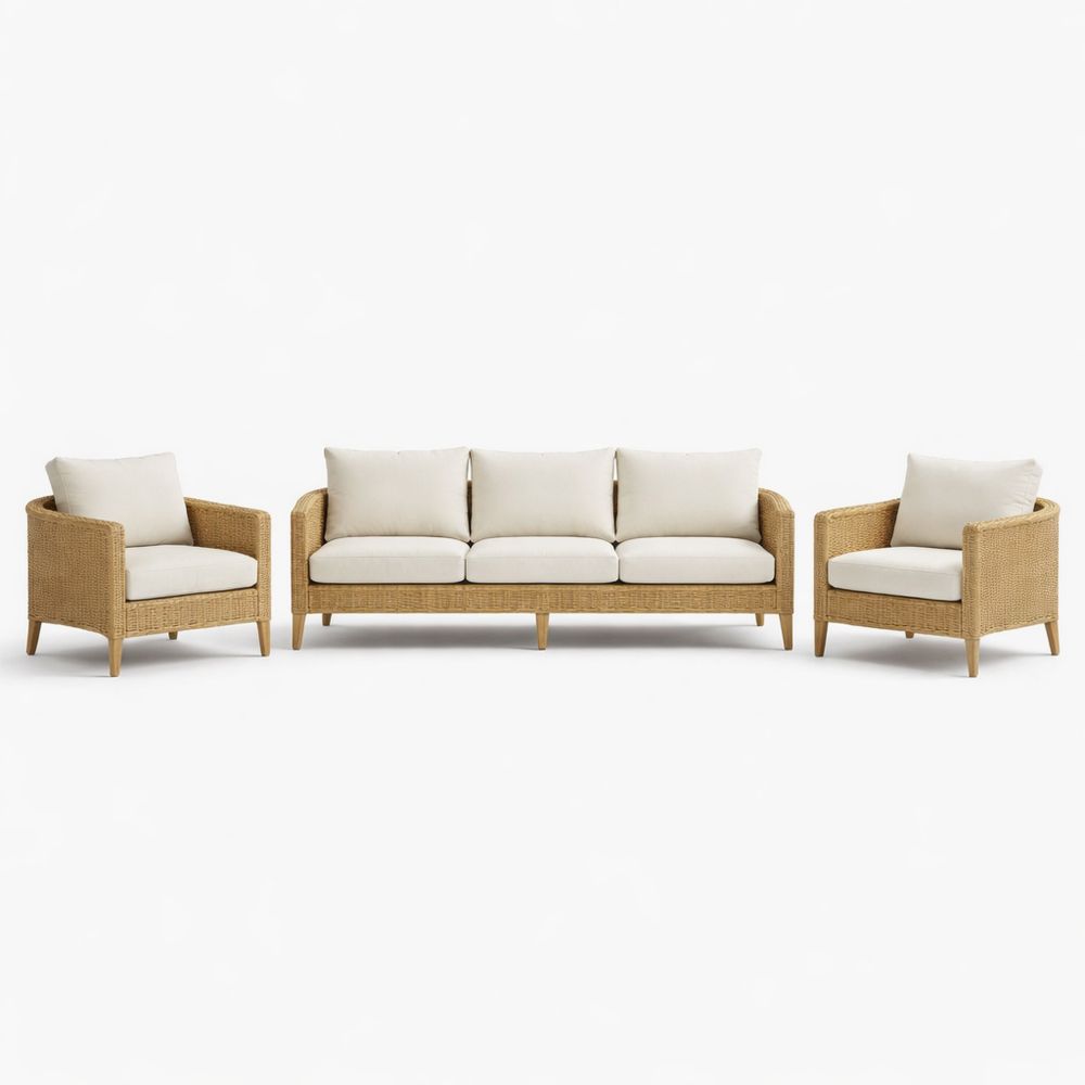 Wicker Frame Outdoor Sofa Set with Beige Cushions - Set of 3