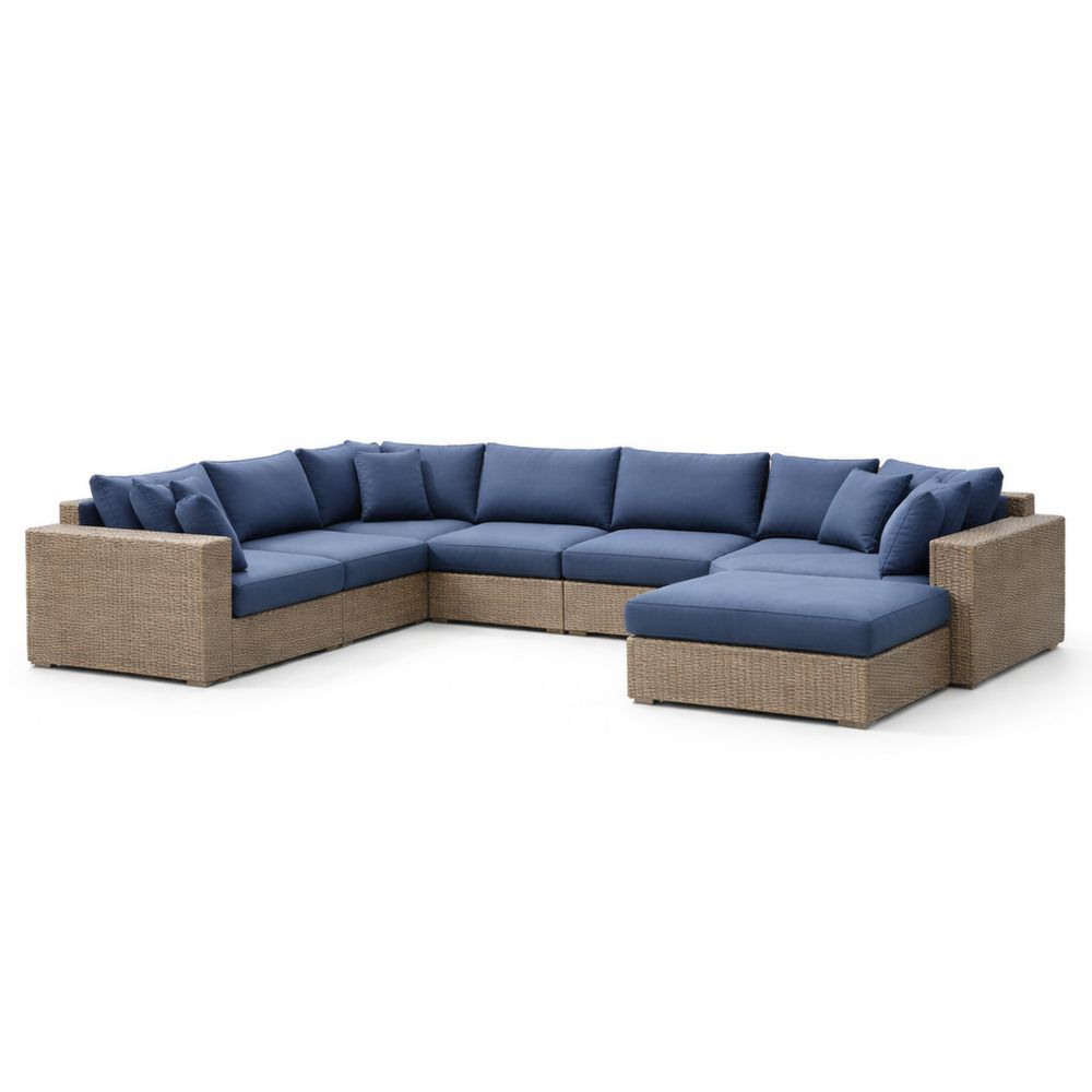 PE Wicker Outdoor Sectional Sofa Set with Blue Polyester Cushions