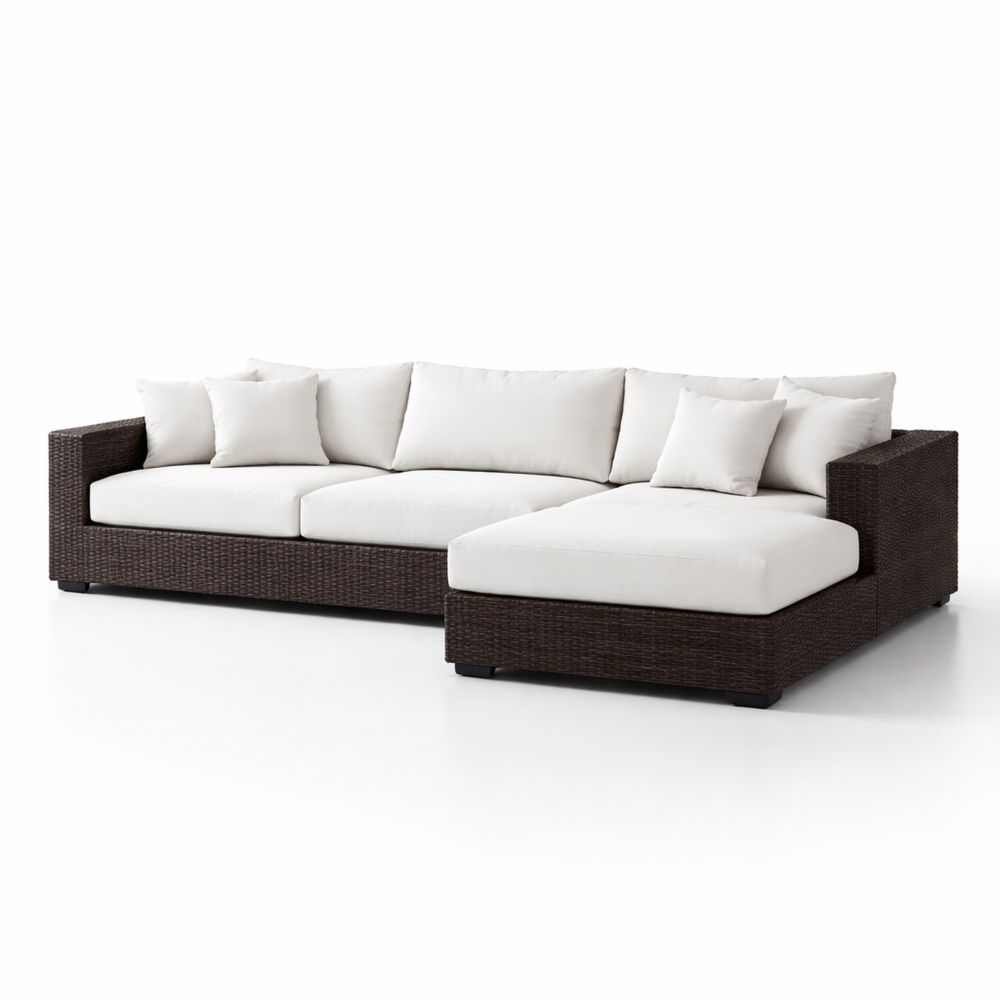 Outdoor Brown Wicker L-Shaped Sectional Sofa with White Polyester Cushions 105x65x35 inches