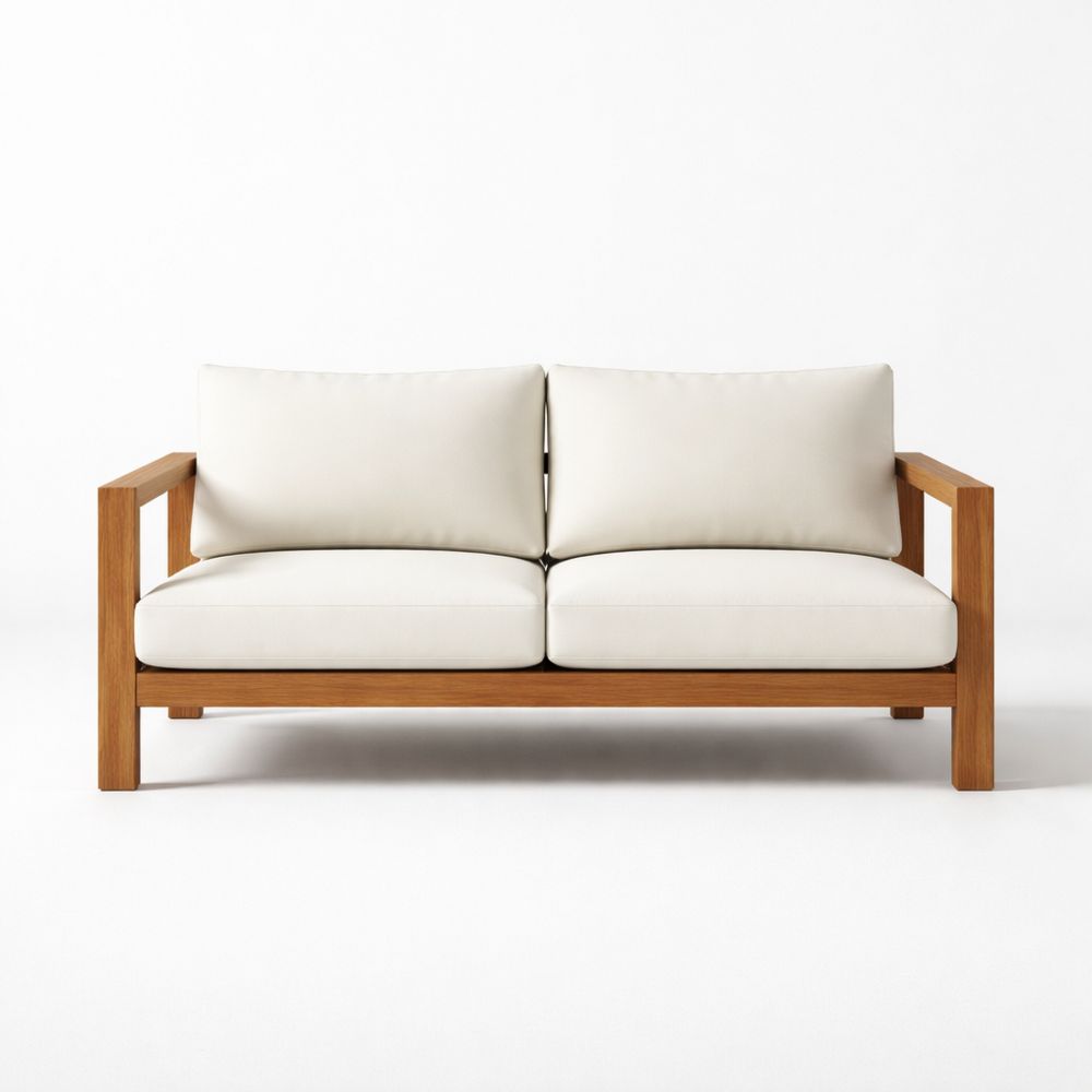 Teak Frame Sofa with White Polyester Cushions