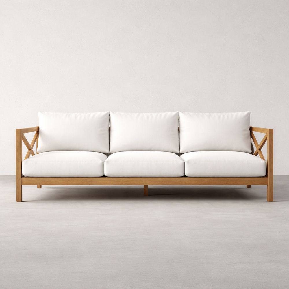 Solid Wood Outdoor Sofa with White Polyester Cushions, 220cm