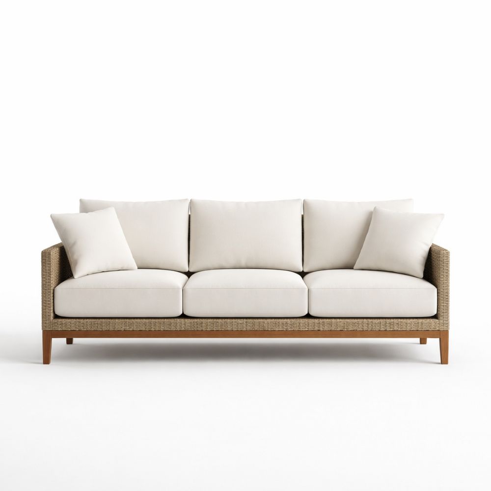 Outdoor Sofa Woven Rattan Frame Beige Fabric Cushions 220cm Length