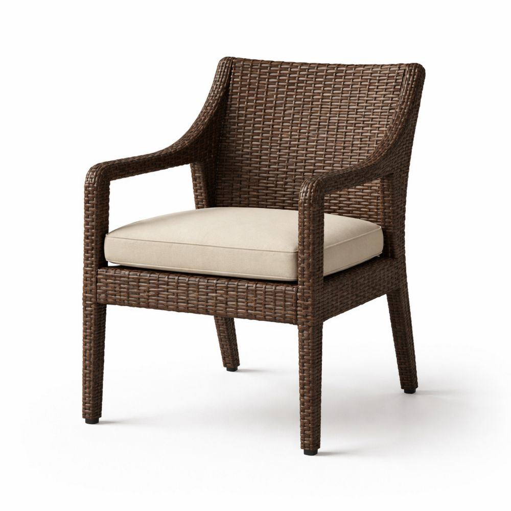 Brown Woven Rattan Armchair with Beige Polyester Cushion