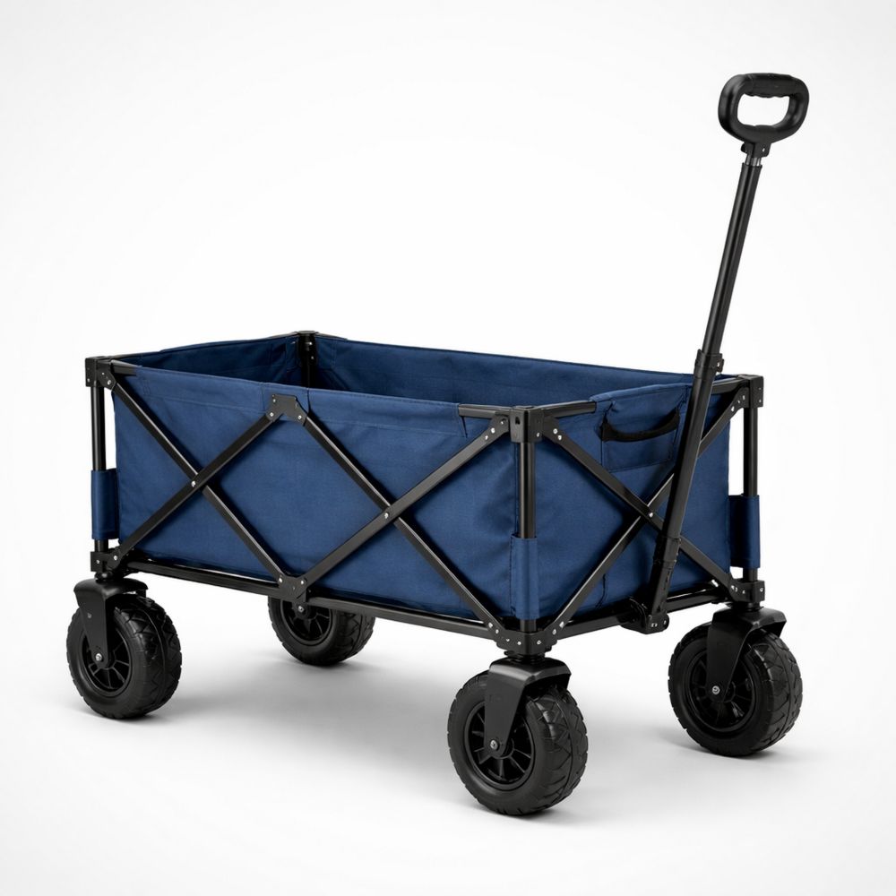 Blue Fabric Folding Utility Wagon with Metal Frame and Adjustable Handle