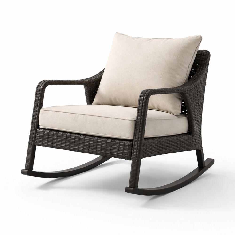 Outdoor Brown Wicker Rocking Chair with Beige Cushions