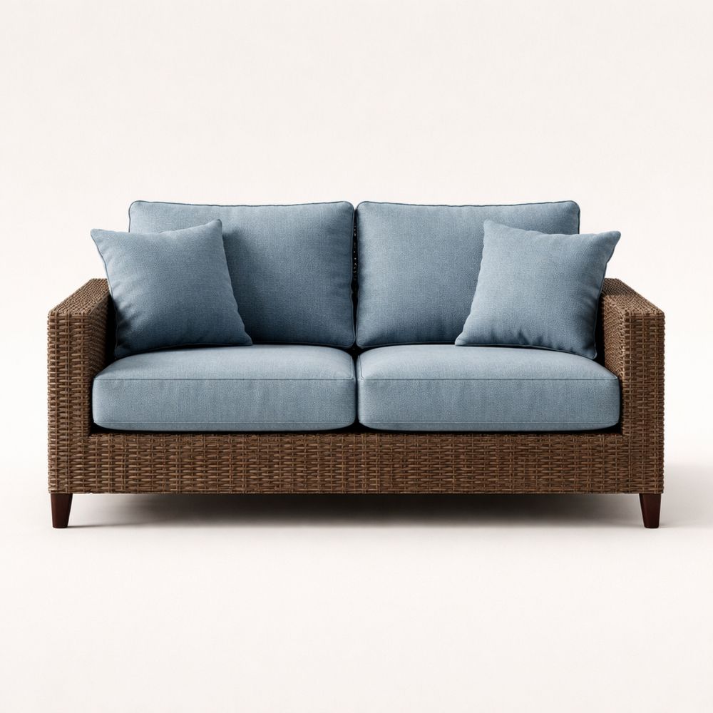 Wicker Outdoor Loveseat with Light Blue Cushions