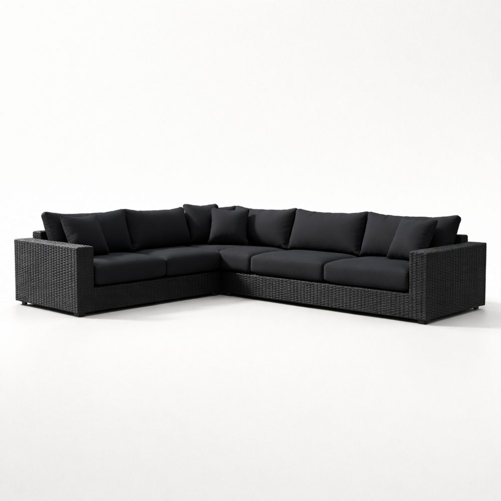Black Outdoor Wicker L-Shaped Sectional Sofa Set with Cushions