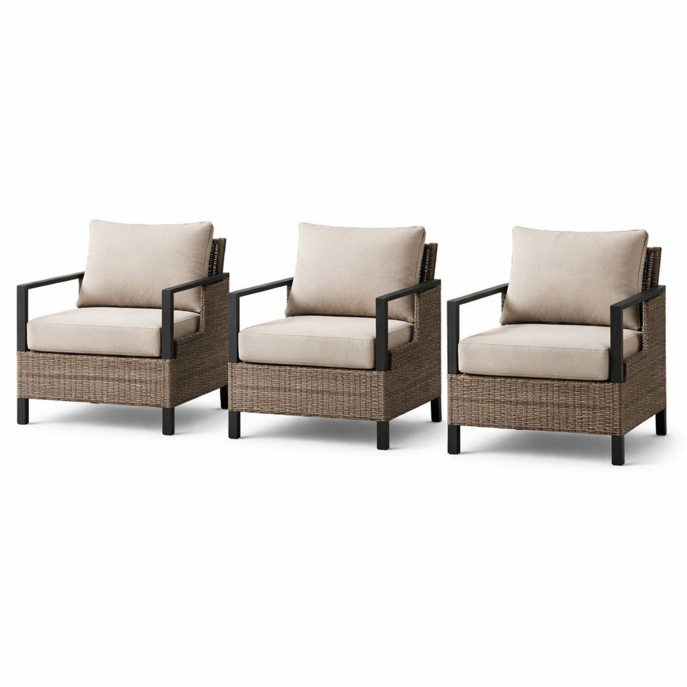 Outdoor Metal Wicker Armchair Set with Beige Cushions