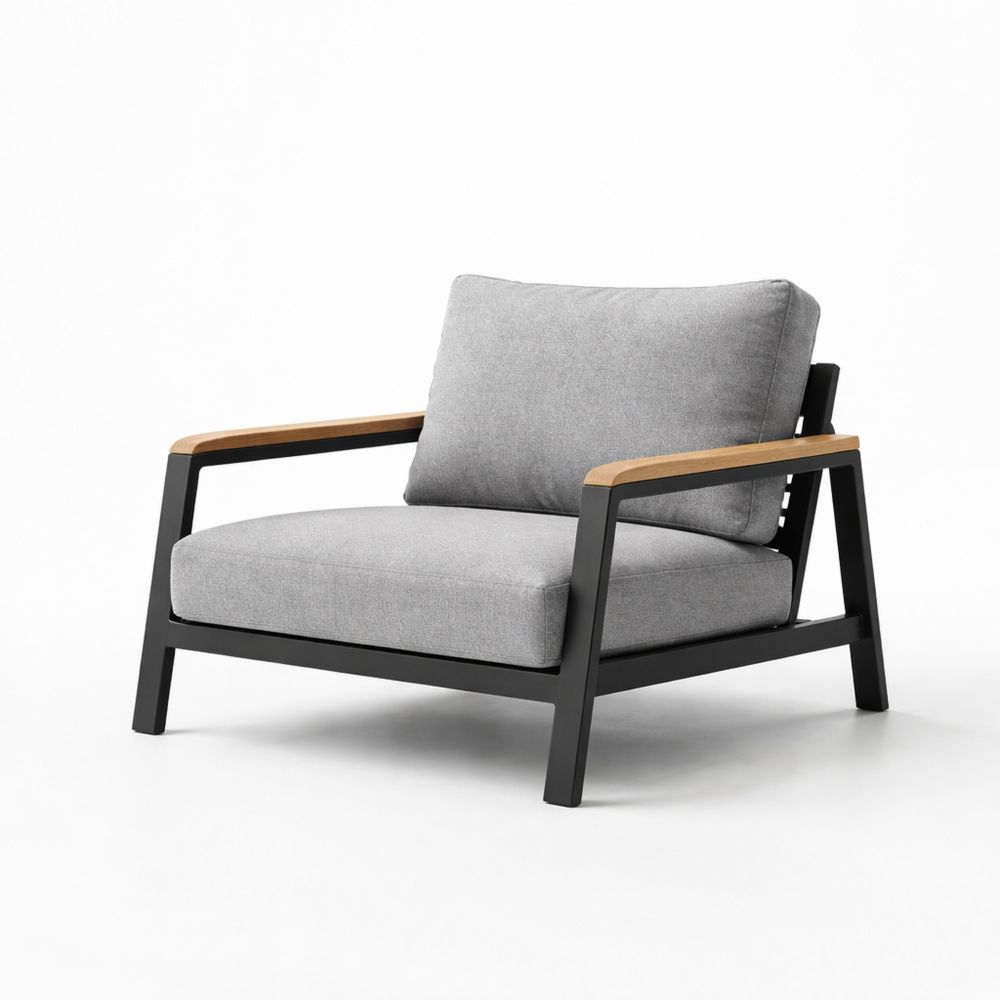 Gray fabric outdoor armchair with metal and wood frame