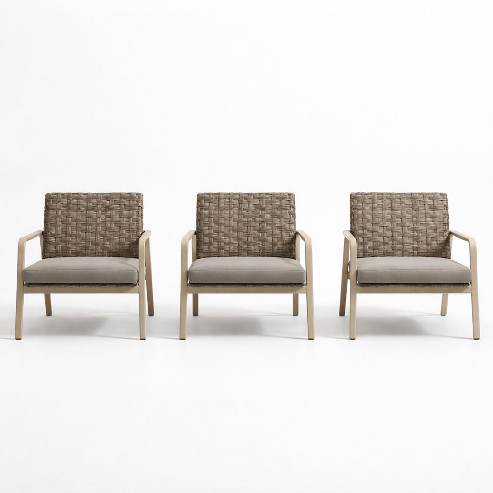 Outdoor Lounge Chair Set of 3 Beige Aluminum Frame with Woven Back and Cushions