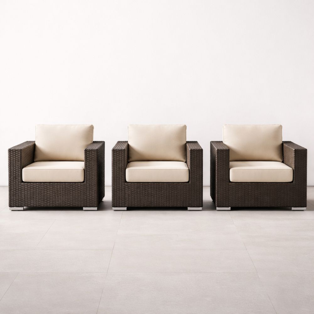 Outdoor Patio Armchair Set of 3 Beige Cushions Wicker Frame