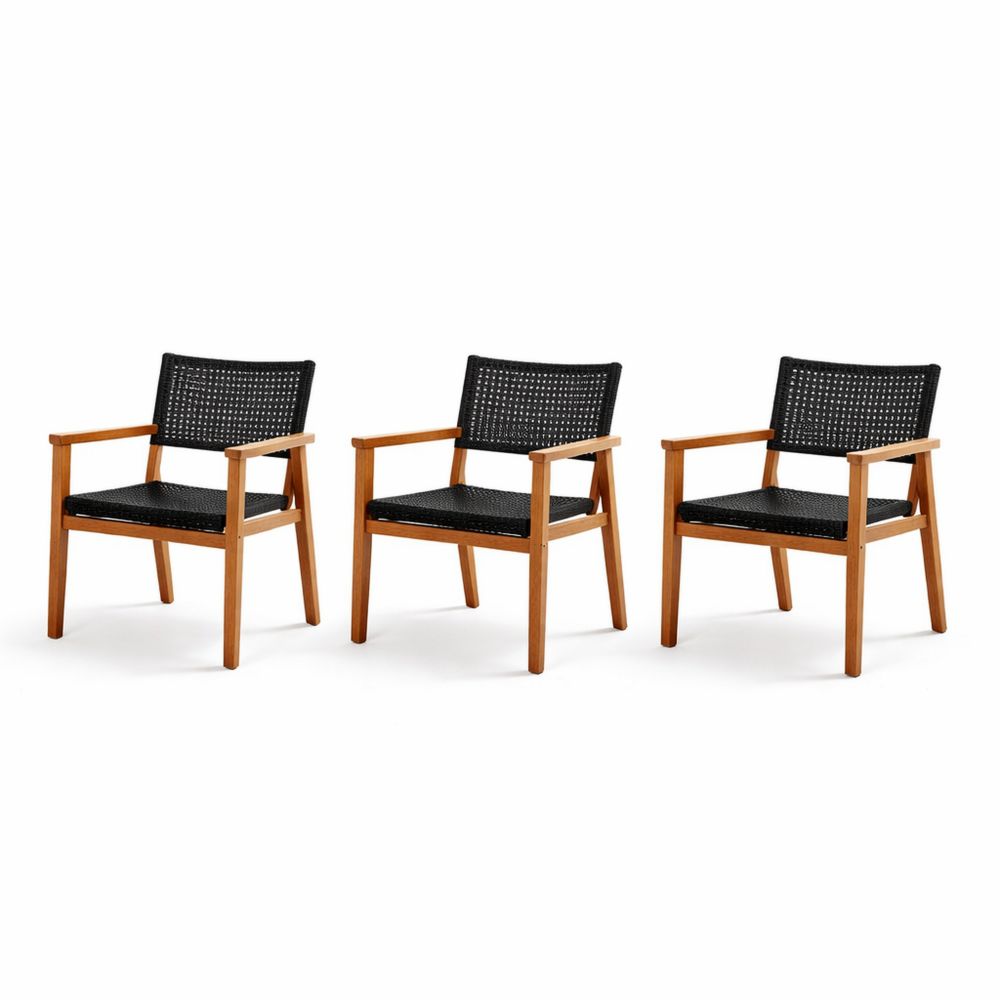 Set of 3 Wooden Frame Chairs with Black Woven Seats