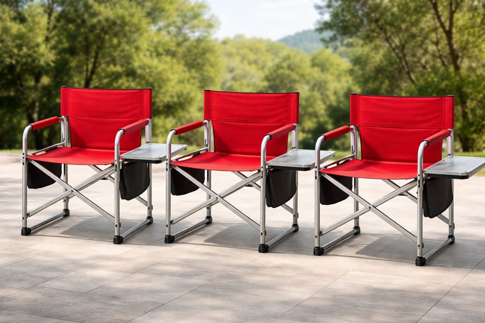 Set of 3 Red Folding Aluminum Camping Chairs with Cup Holder and Side Table
