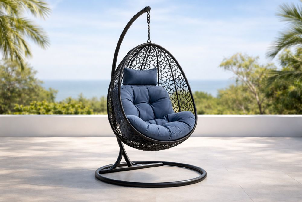 Outdoor Synthetic Rattan Hanging Egg Chair with Polyester Cushion Blue Steel Frame