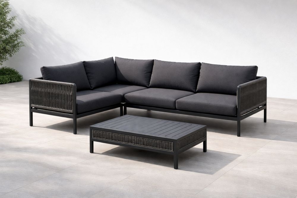 Black Outdoor Sectional Sofa Set with Coffee Table and Aluminum Frame