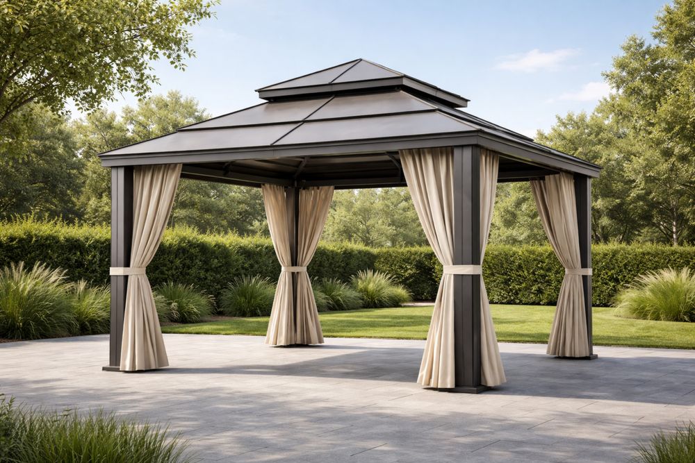 Outdoor Steel Frame Gazebo with Double-Tiered Roof and Beige Curtains