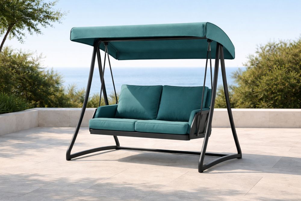 Outdoor Swing Chair with Teal Cushions and Metal Frame