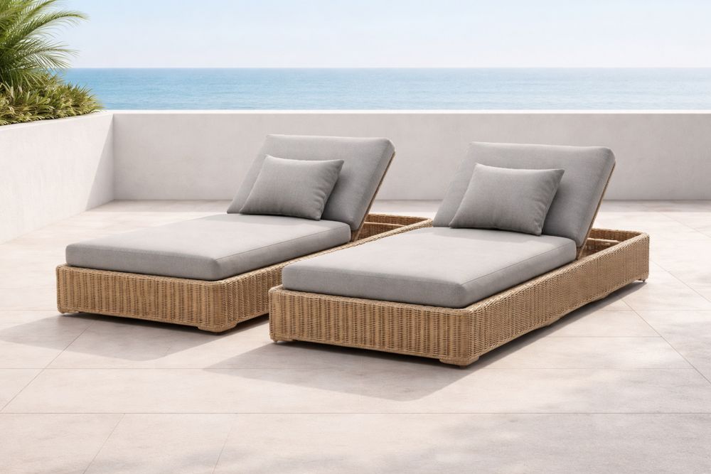 Outdoor Wicker Chaise Lounge Set with Grey Cushions