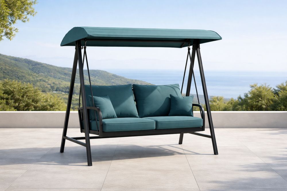 Outdoor Garden Swing Chair with Adjustable Canopy Teal Polyester Cushions