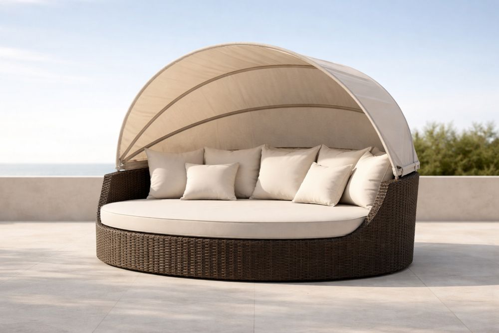 Round Wicker Outdoor Canopy Daybed with Cushions and Adjustable Shade