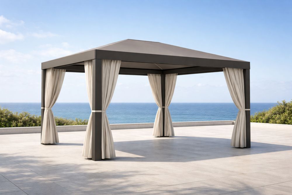 Outdoor Gazebo with Beige Curtains and Steel Frame 300cm x 300cm×260 cm